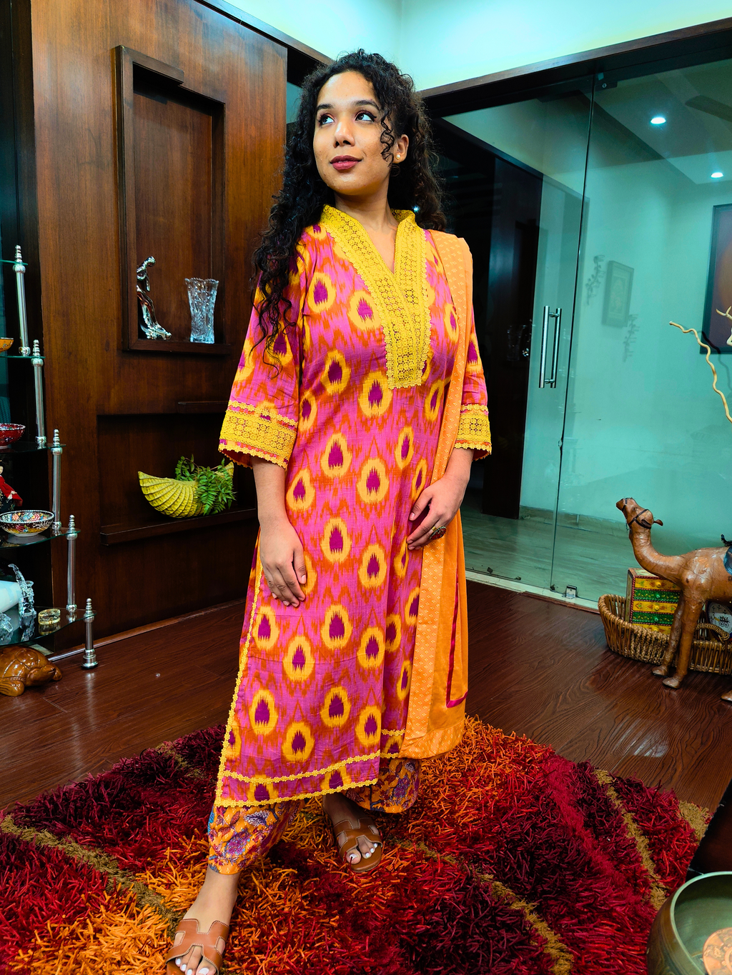 Pink and Yellow Abstract Cotton Stitched Suit Set