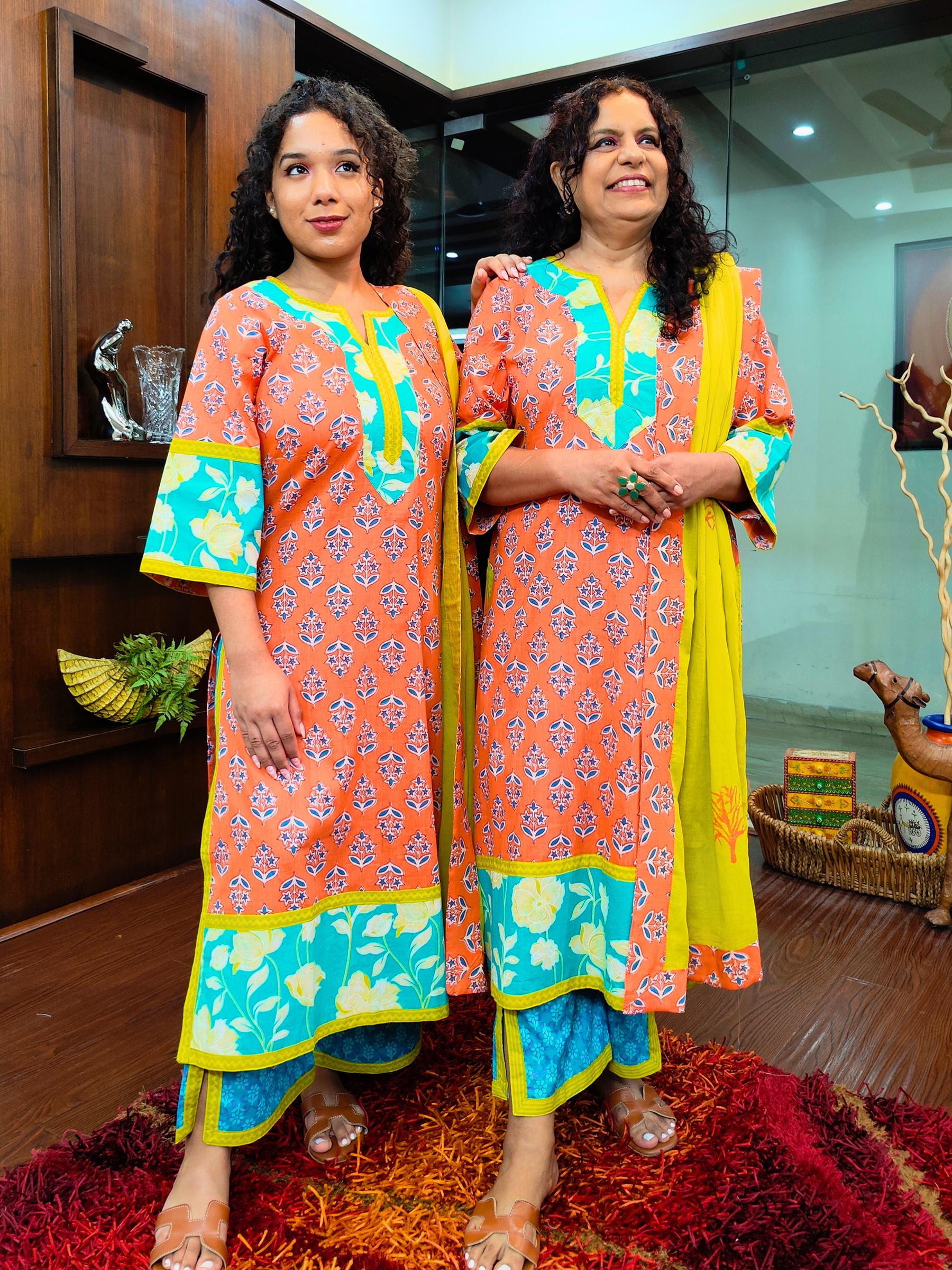 Orange Handblock Yellow Lace Cotton Stitched Suit Set