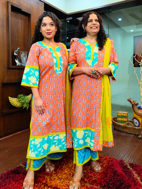 Orange Handblock Yellow Lace Cotton Stitched Suit Set