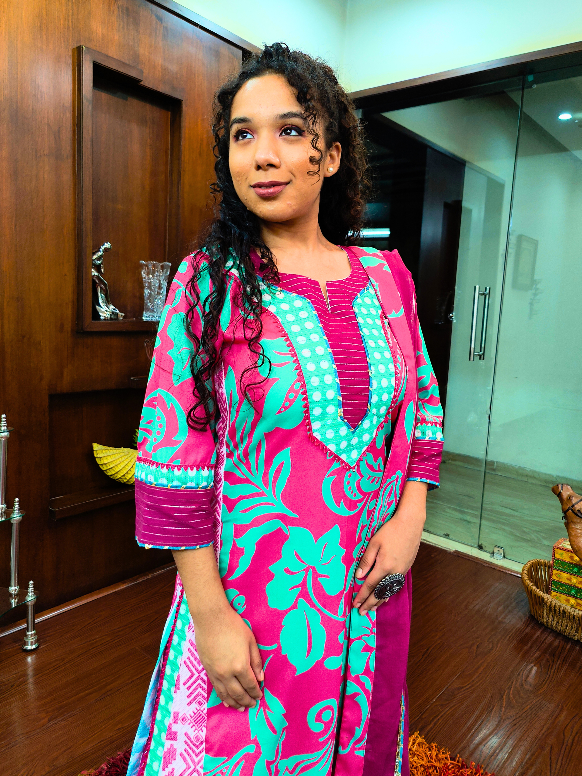 Magenta Digital Printed Moss Georgette Embroidered Stitched Suit Set