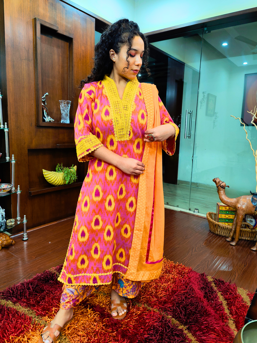 Pink and Yellow Abstract Cotton Stitched Suit Set