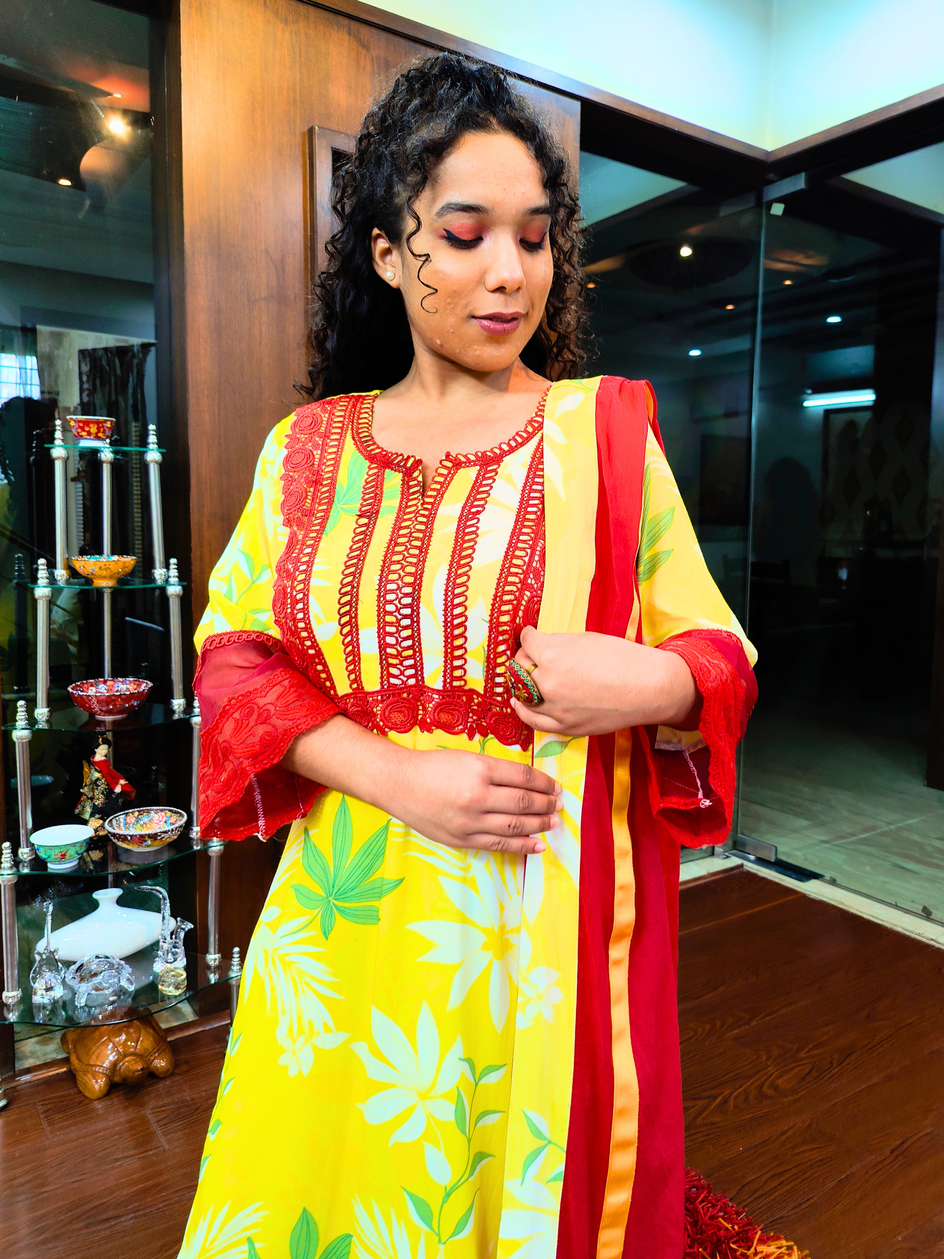 Lime Yellow Digital Printed Red Lace Cotton Stitched Suit Set