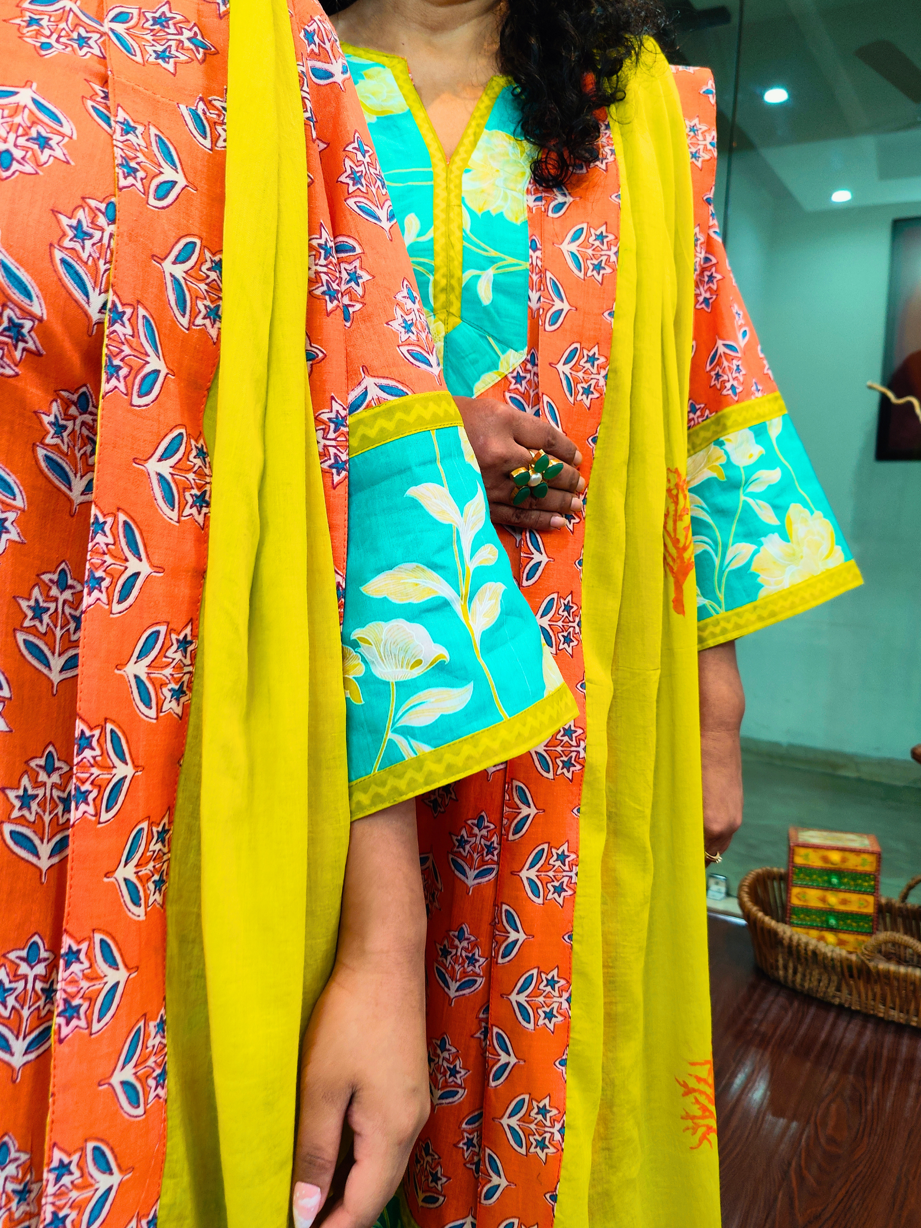 Orange Handblock Yellow Lace Cotton Stitched Suit Set