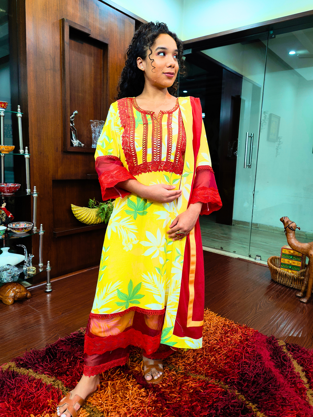Lime Yellow Digital Printed Red Lace Cotton Stitched Suit Set