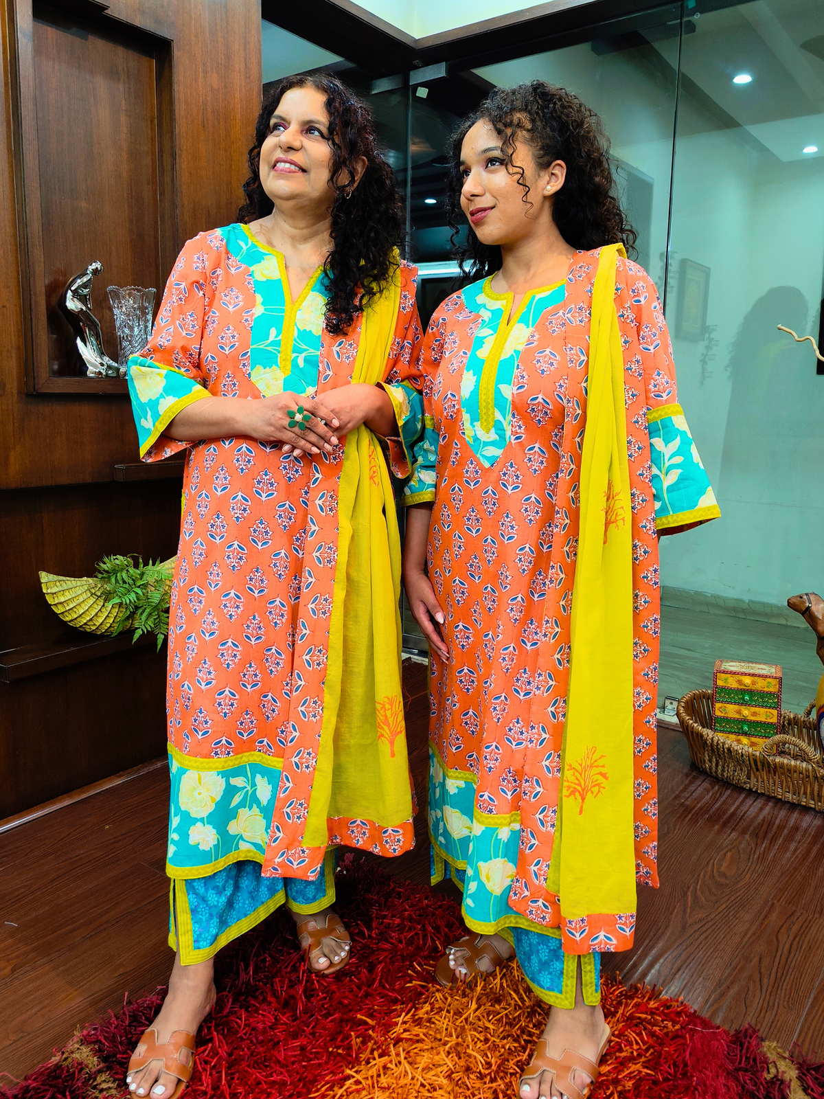 Orange Handblock Yellow Lace Cotton Stitched Suit Set