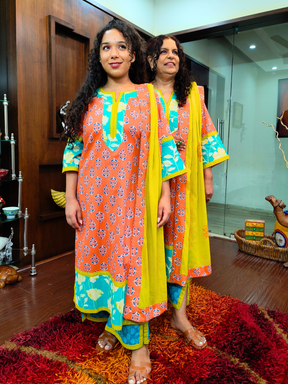 Orange Handblock Yellow Lace Cotton Stitched Suit Set