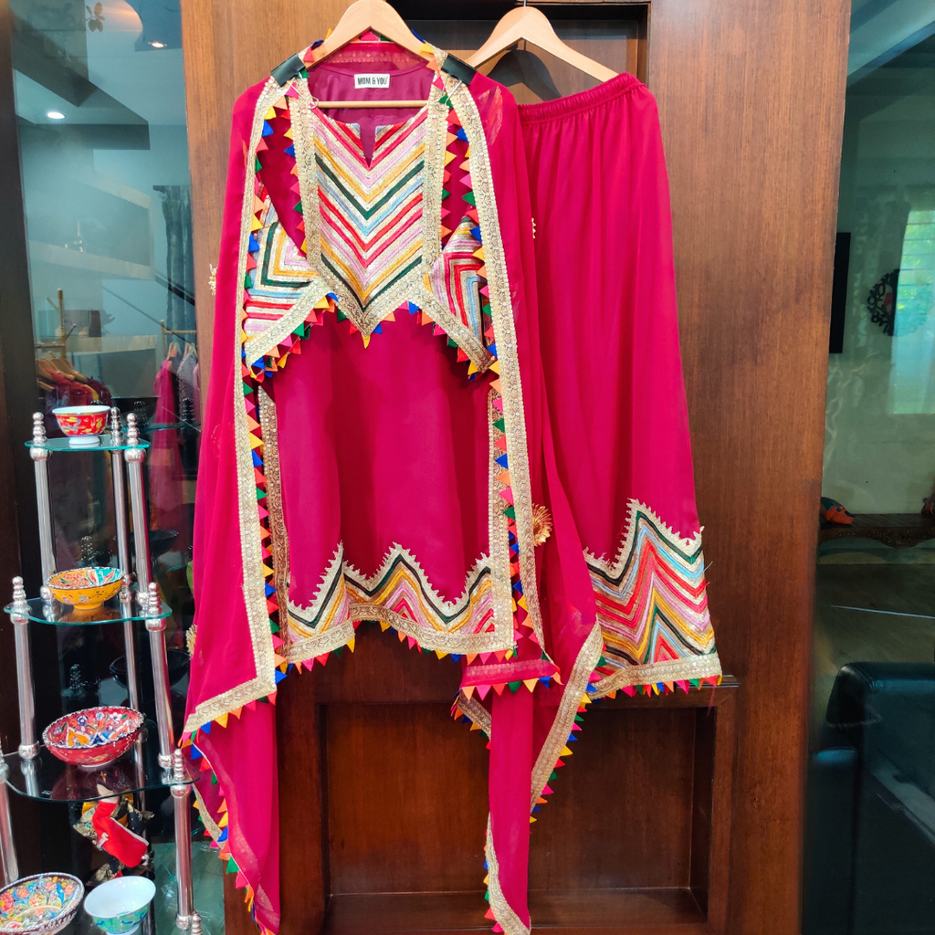 Maroon Georgette Multi Colour Gota Stitched Suit Set