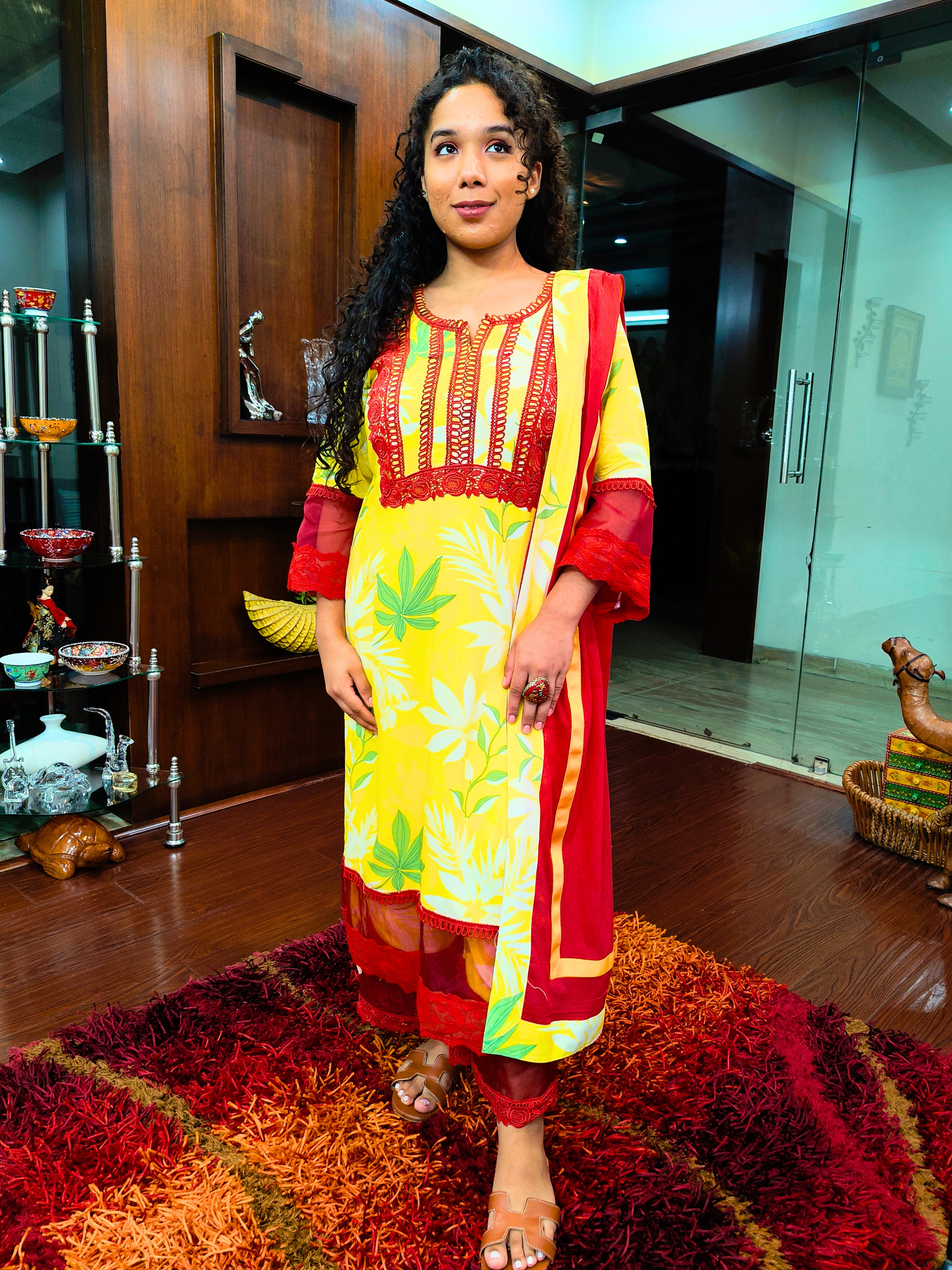 Lime Yellow Digital Printed Red Lace Cotton Stitched Suit Set