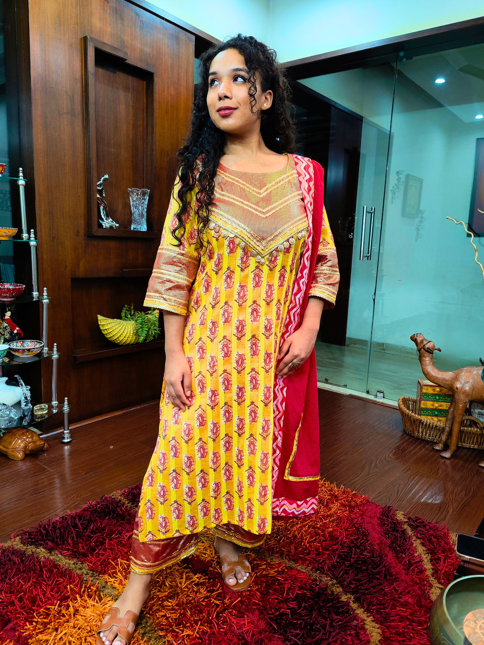 Yellow Paisley Digital Printed Cotton Stitched Suit Set