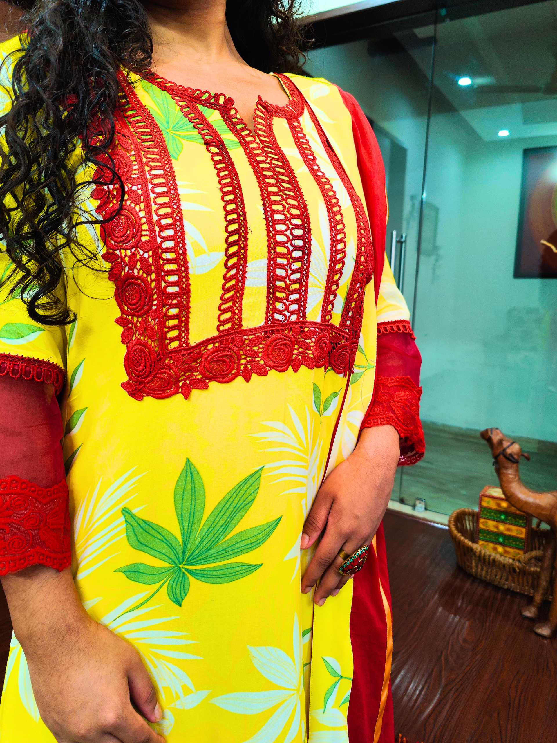 Lime Yellow Digital Printed Red Lace Cotton Stitched Suit Set