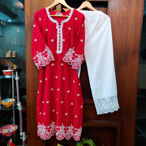 Red Embroidered Cotton Stitched Co-Ord Set