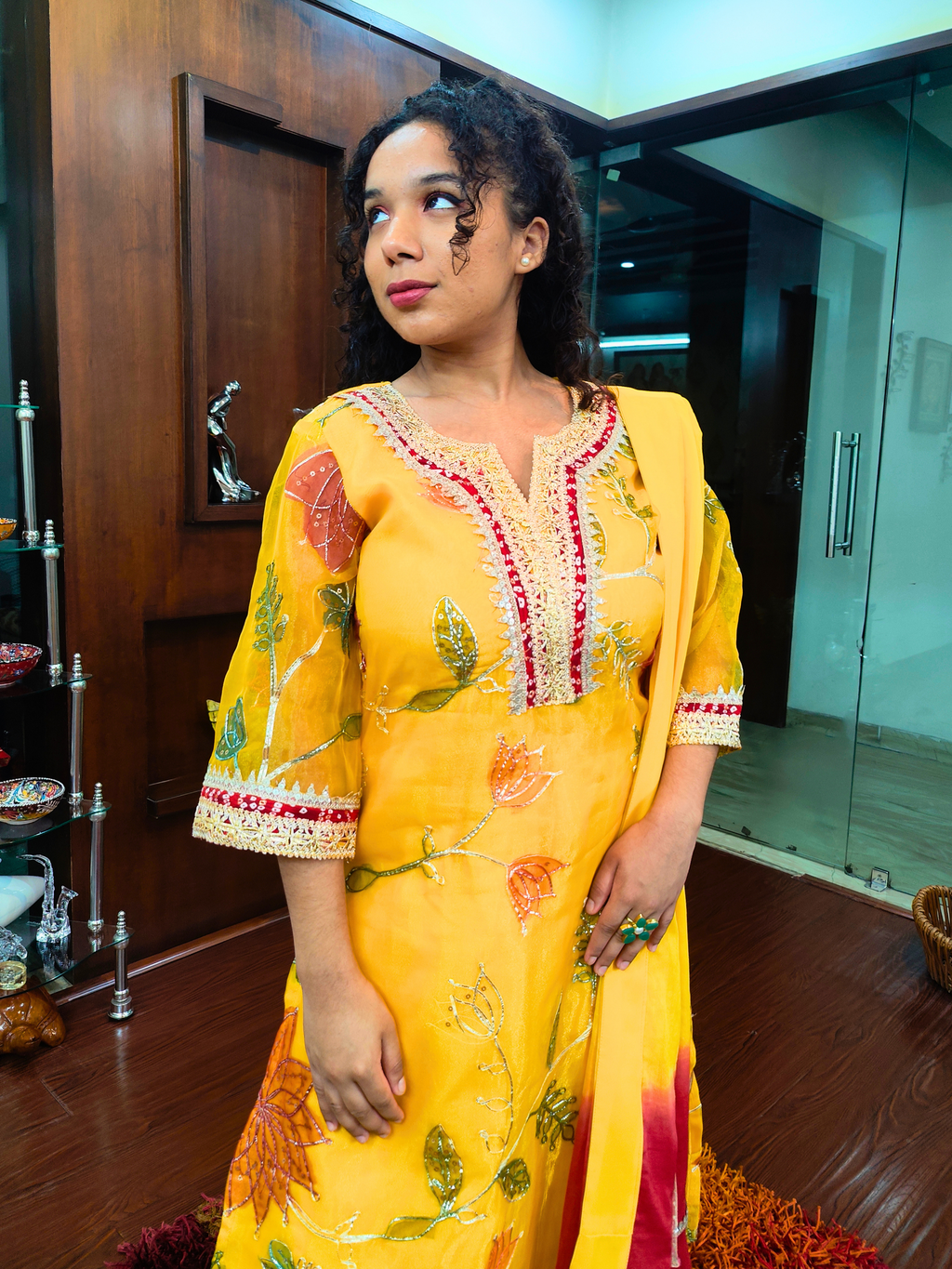 Yellow Organza Embroidered Golden Gota Stitched Suit Set