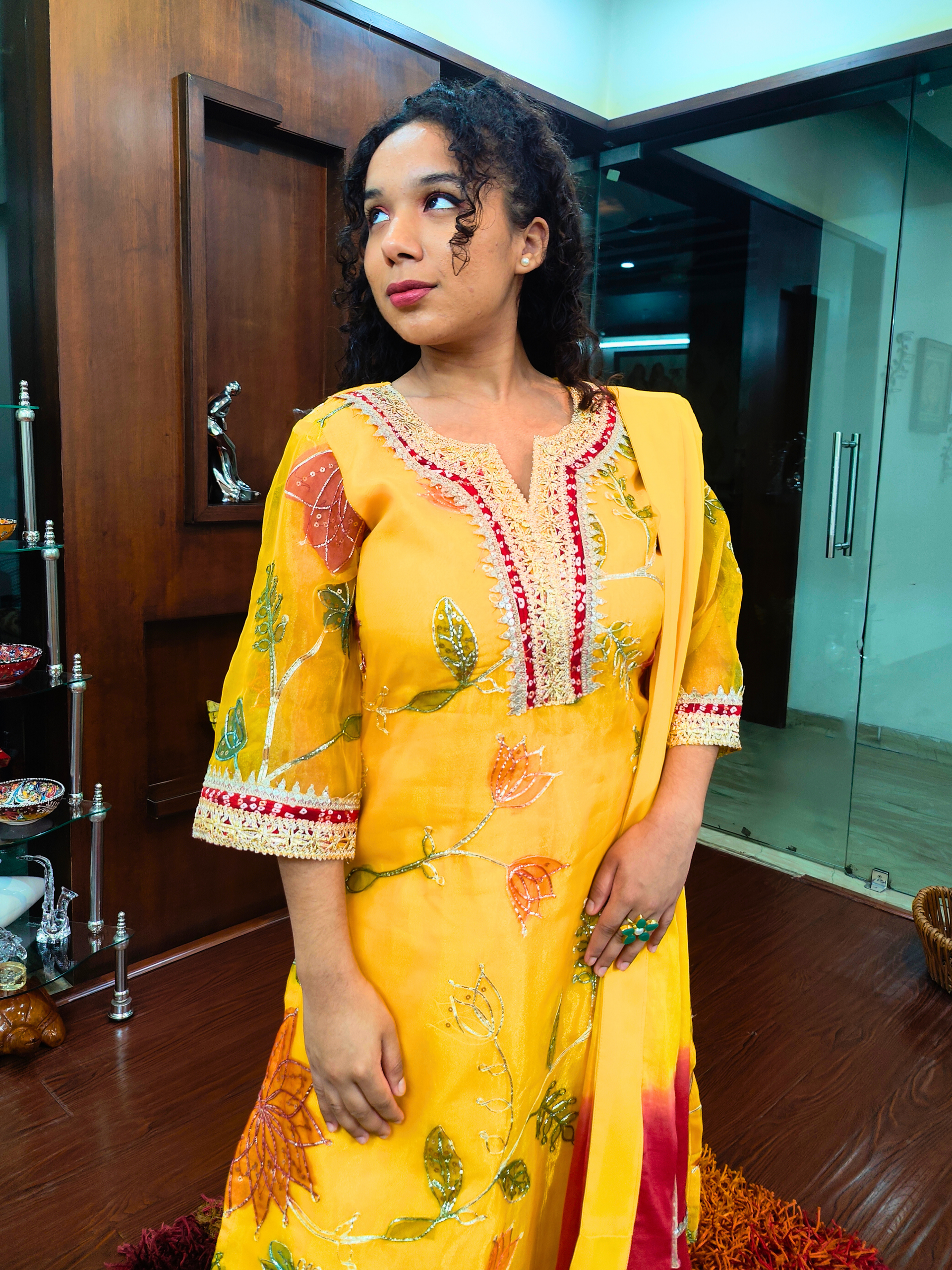 Yellow Organza Embroidered Golden Gota Stitched Suit Set