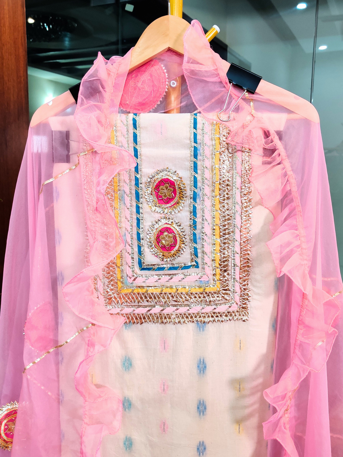 Off White Ikat Cotton Festive Unstitched Dress Material Suit Set For Occasion