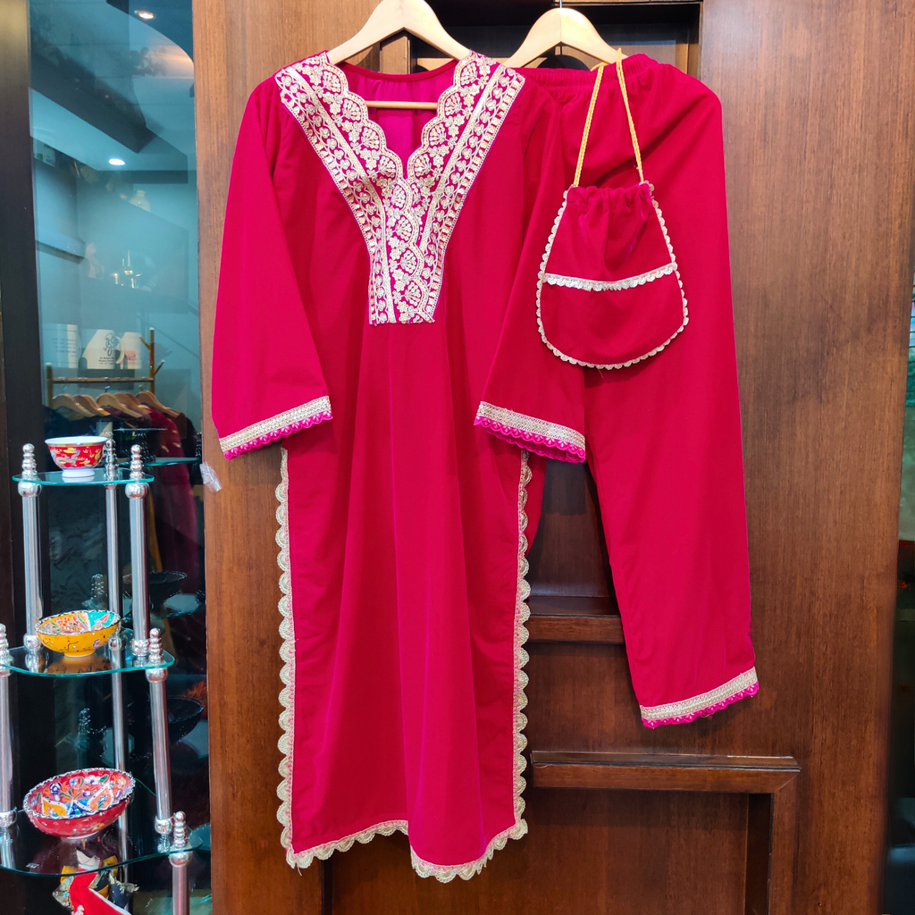 Magenta Velvet Silver Gota Stitched Co-Ord Set