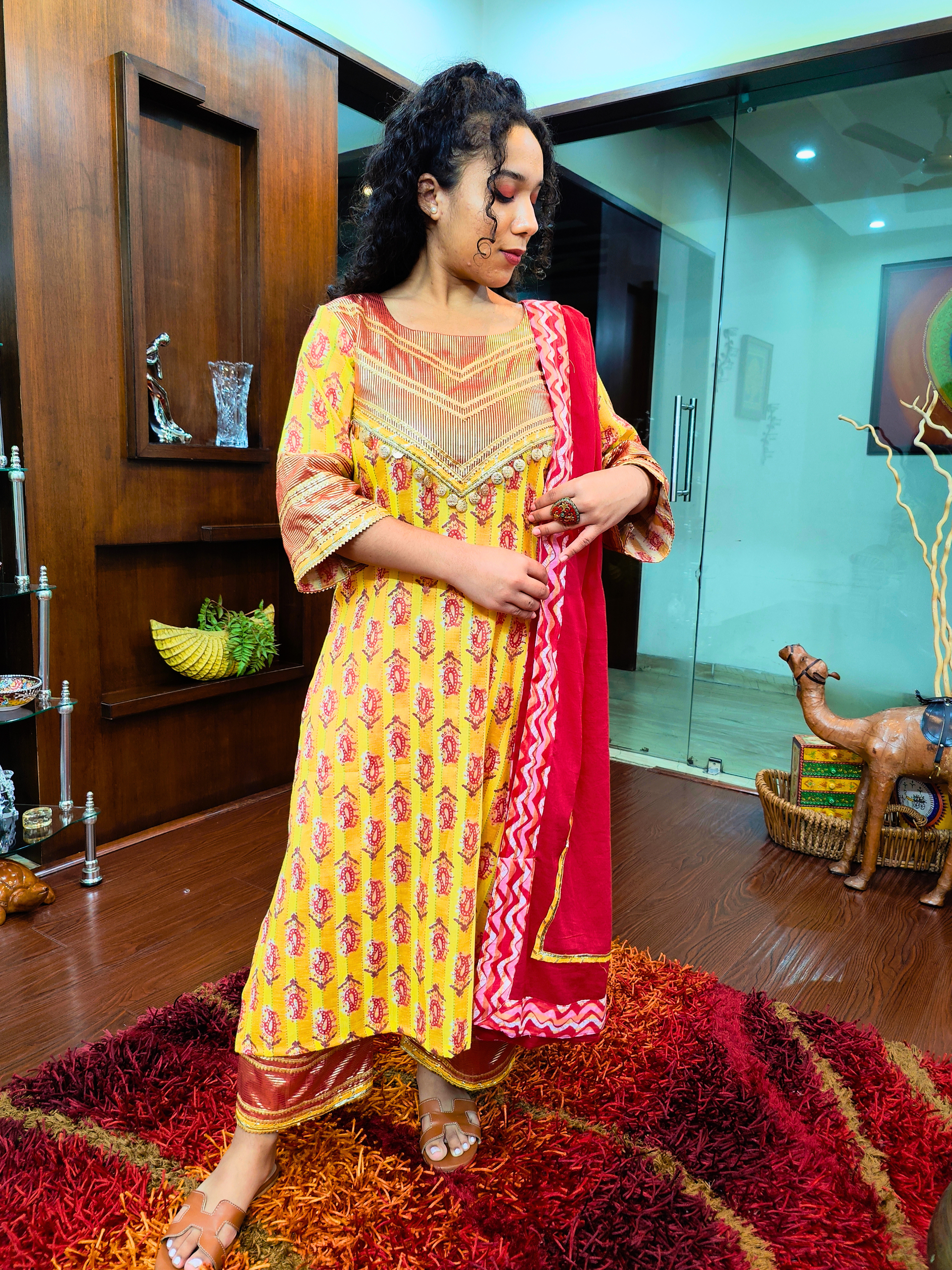 Yellow Paisley Digital Printed Cotton Stitched Suit Set