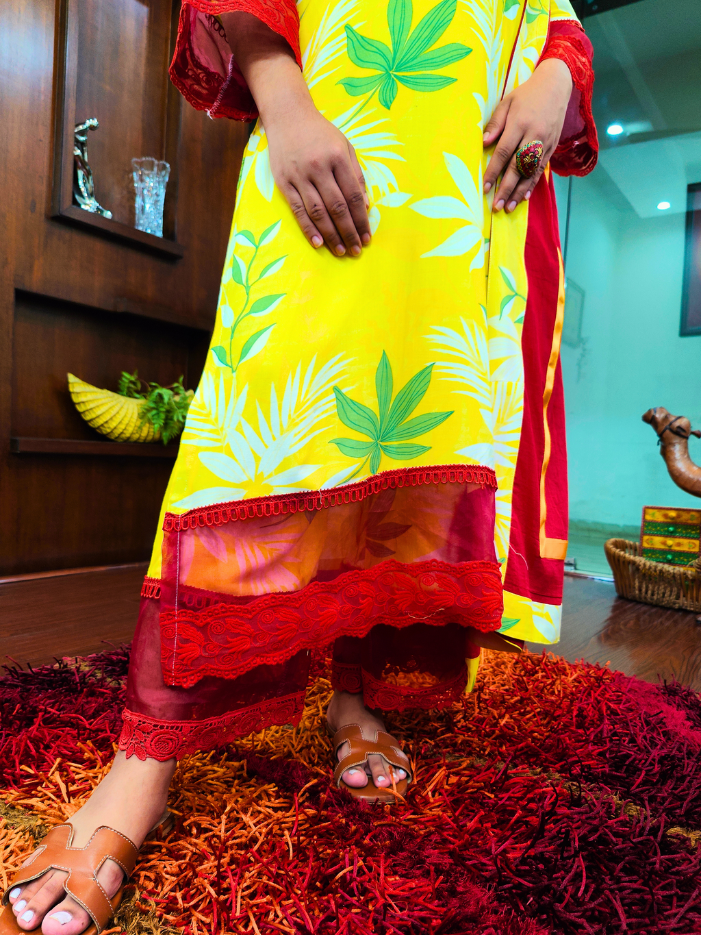 Lime Yellow Digital Printed Red Lace Cotton Stitched Suit Set