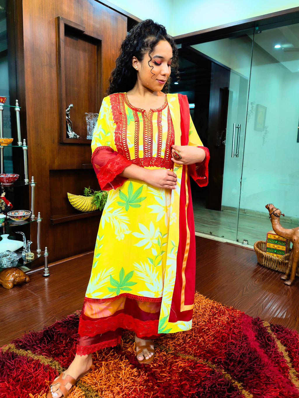 Lime Yellow Digital Printed Red Lace Cotton Stitched Suit Set