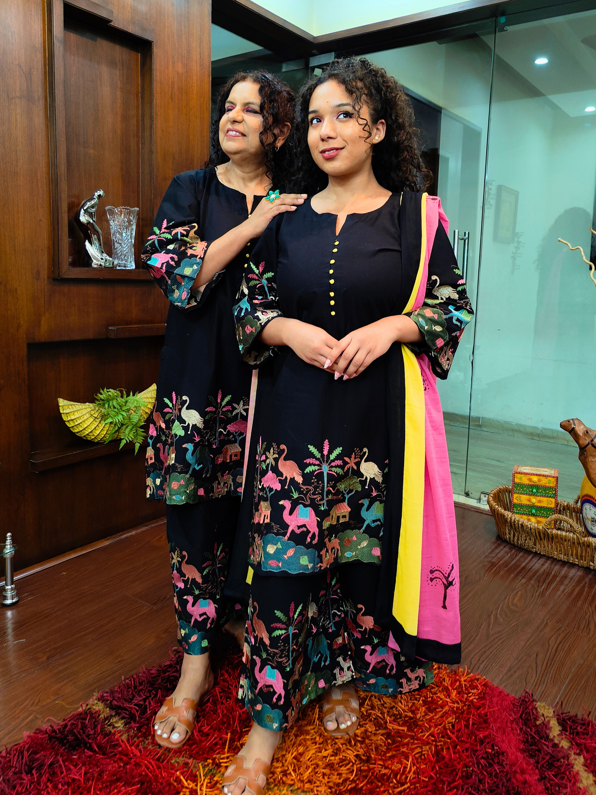Black Multi Coloured Embroidered Cotton Stitched Suit Set
