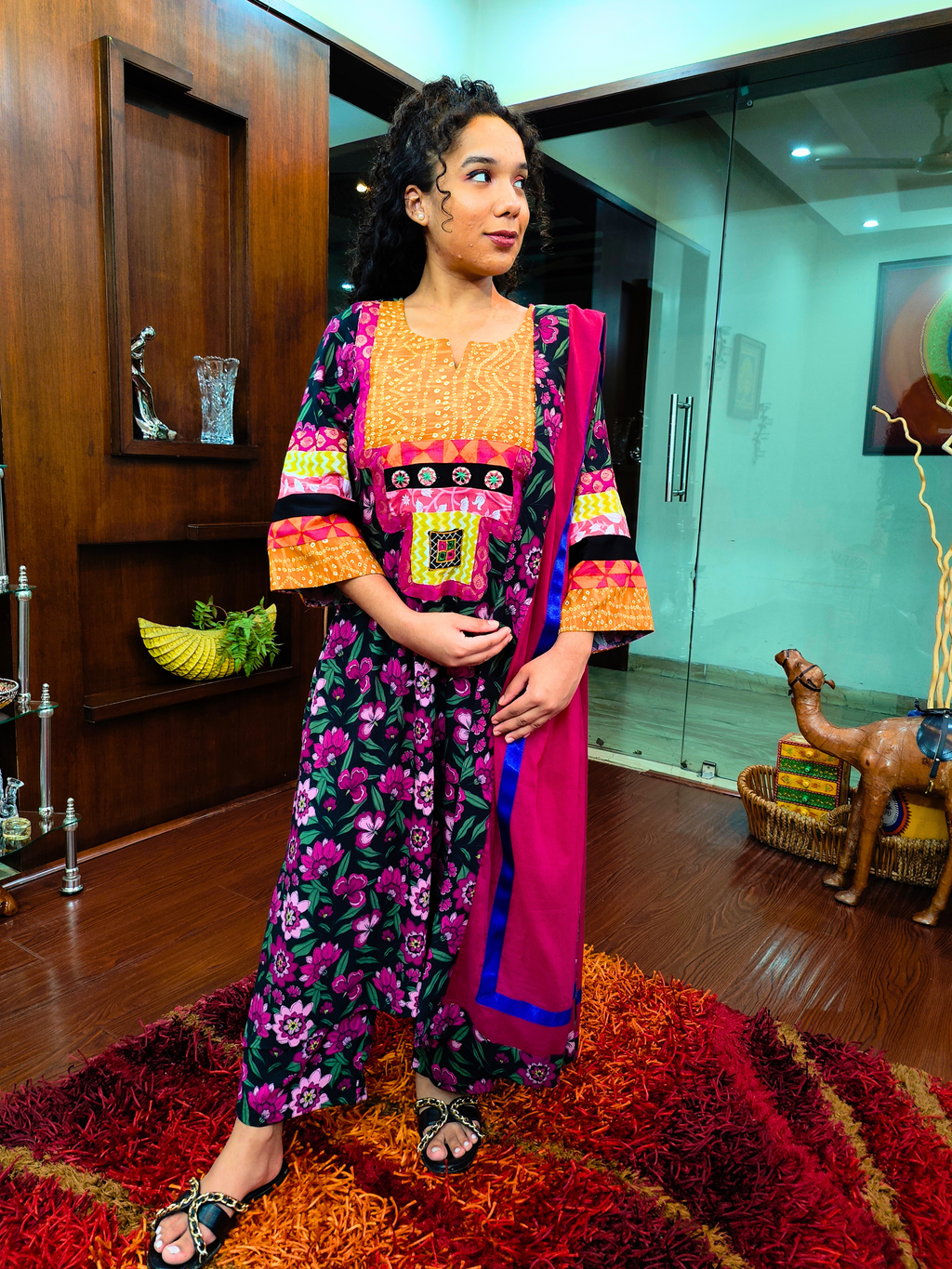 Black Floral Real Mirrors Cotton Stitched Suit Set