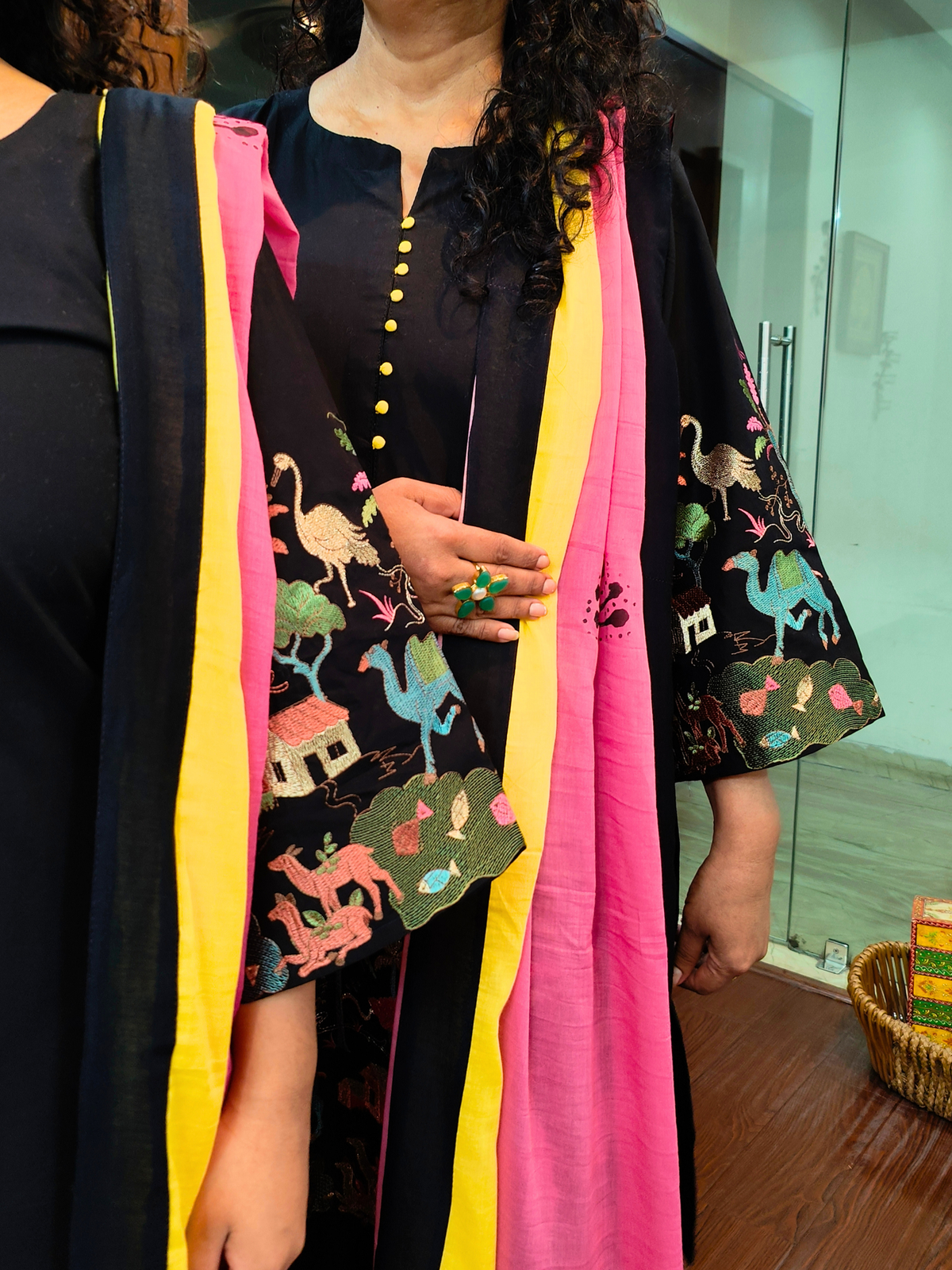 Black Multi Coloured Embroidered Cotton Stitched Suit Set