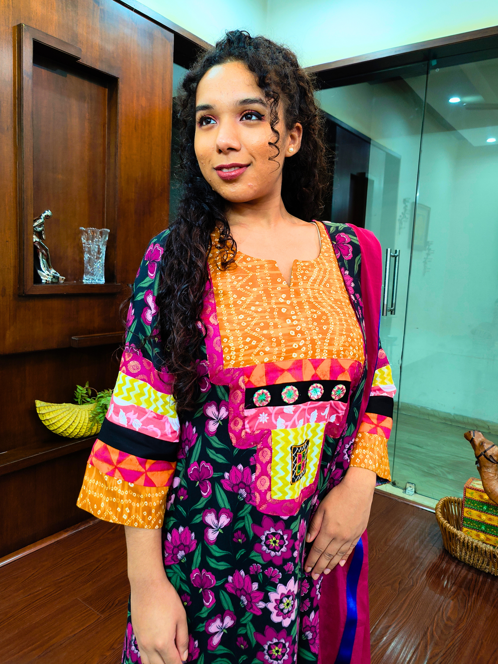 Black Floral Real Mirrors Cotton Stitched Suit Set