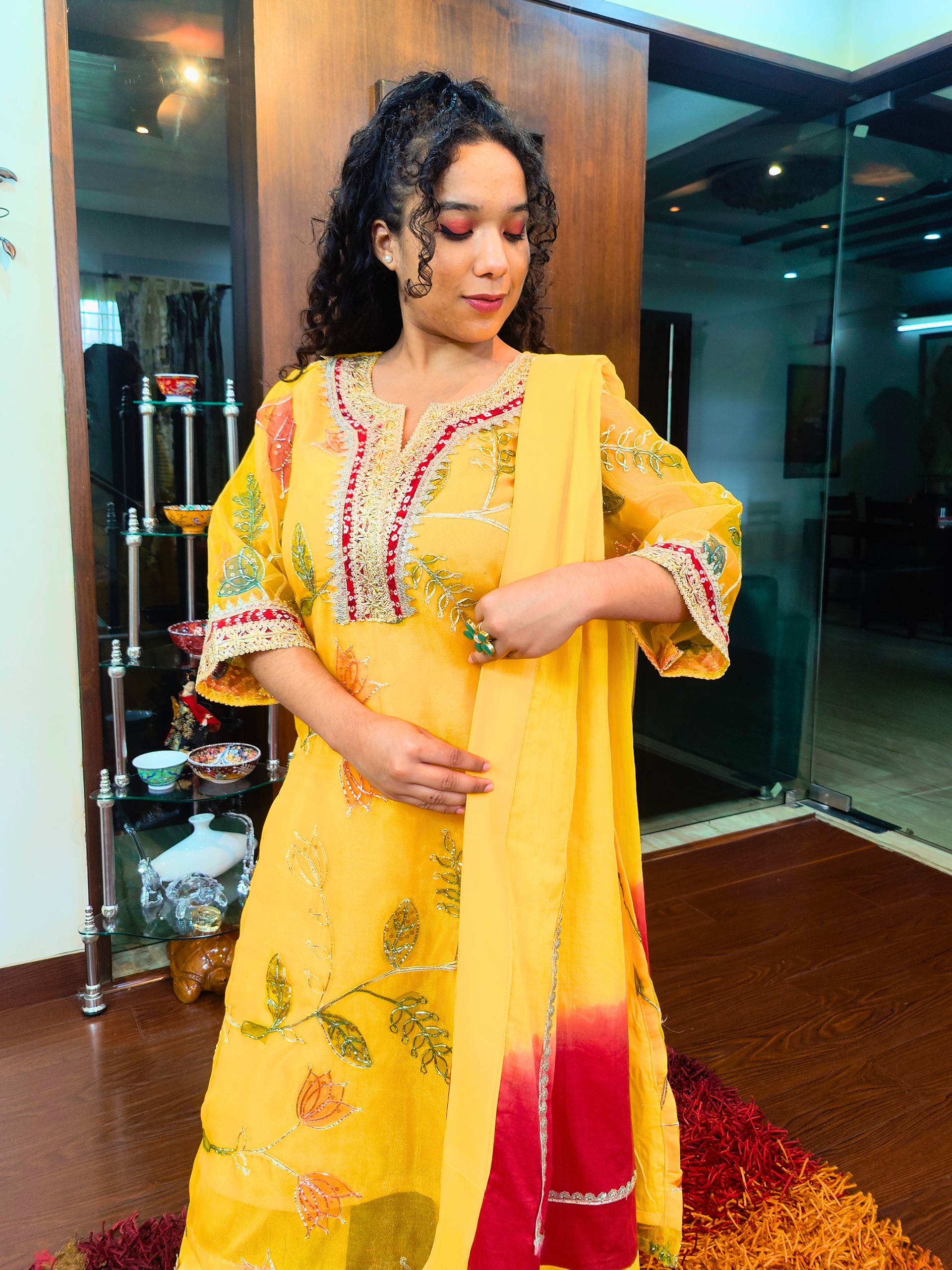 Yellow Organza Embroidered Golden Gota Stitched Suit Set