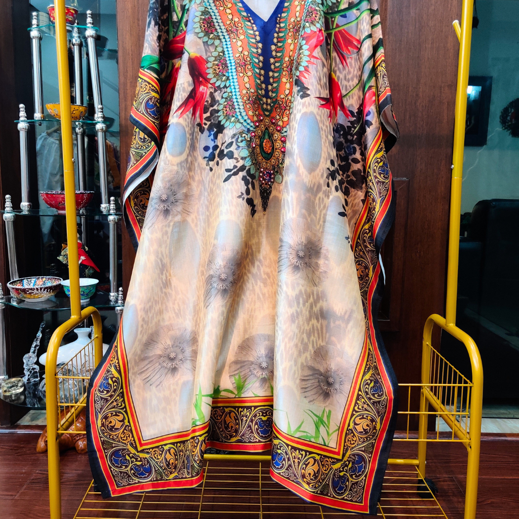 Cream Multi-Coloured Digital Printed Muslin Silk Stitched Kurta Kaftan