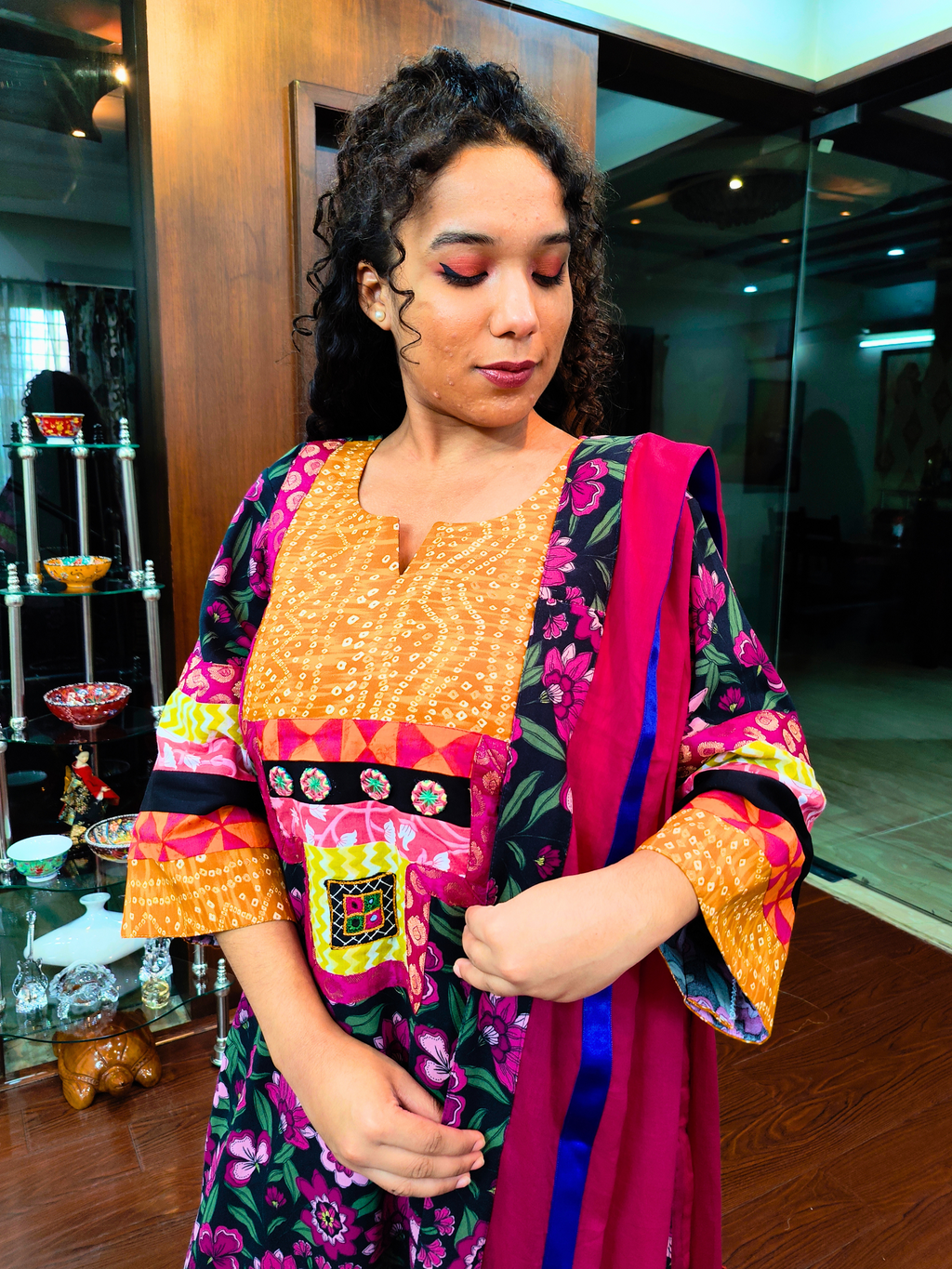 Black Floral Real Mirrors Cotton Stitched Suit Set