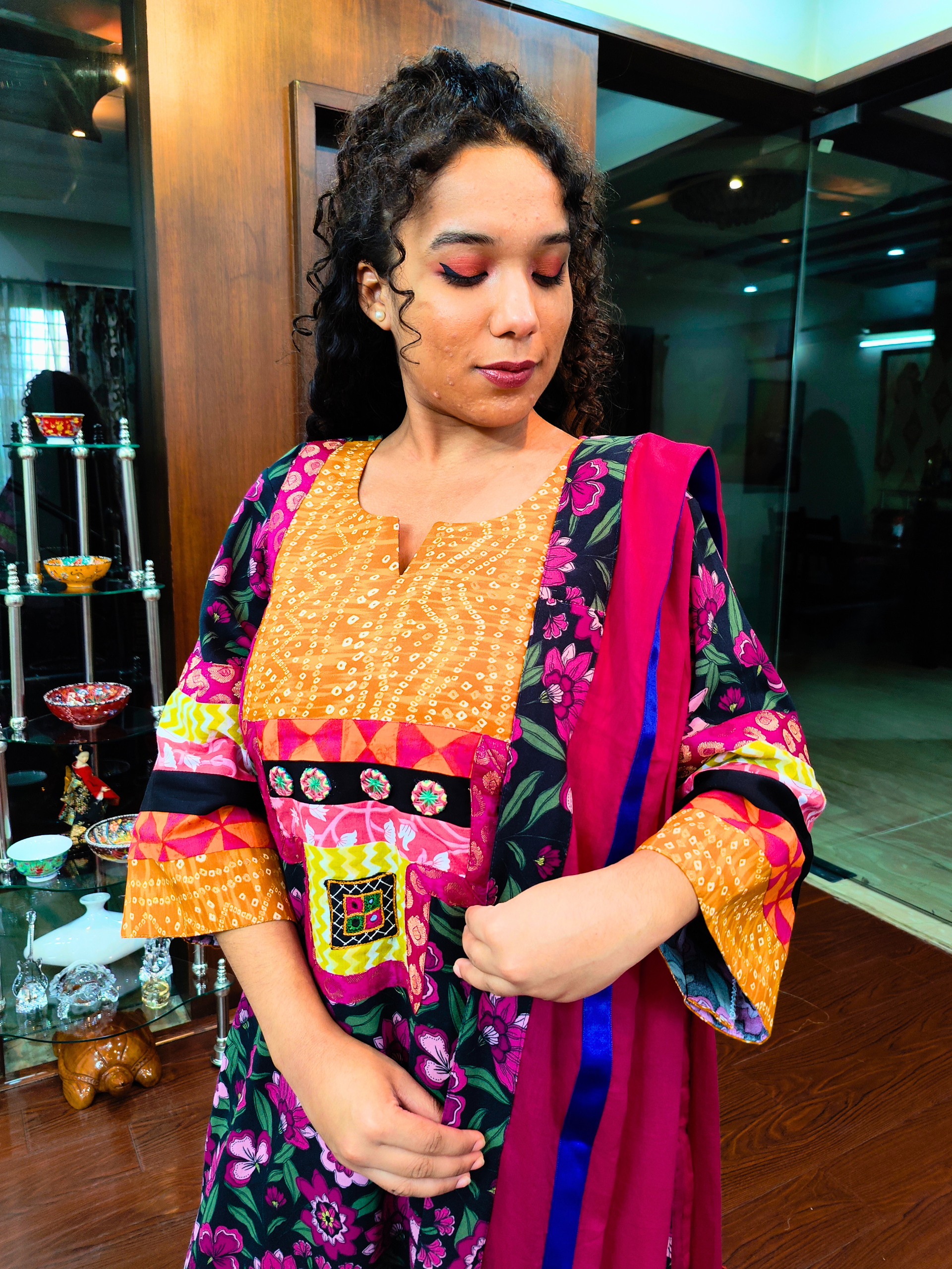 Black Floral Real Mirrors Cotton Stitched Suit Set