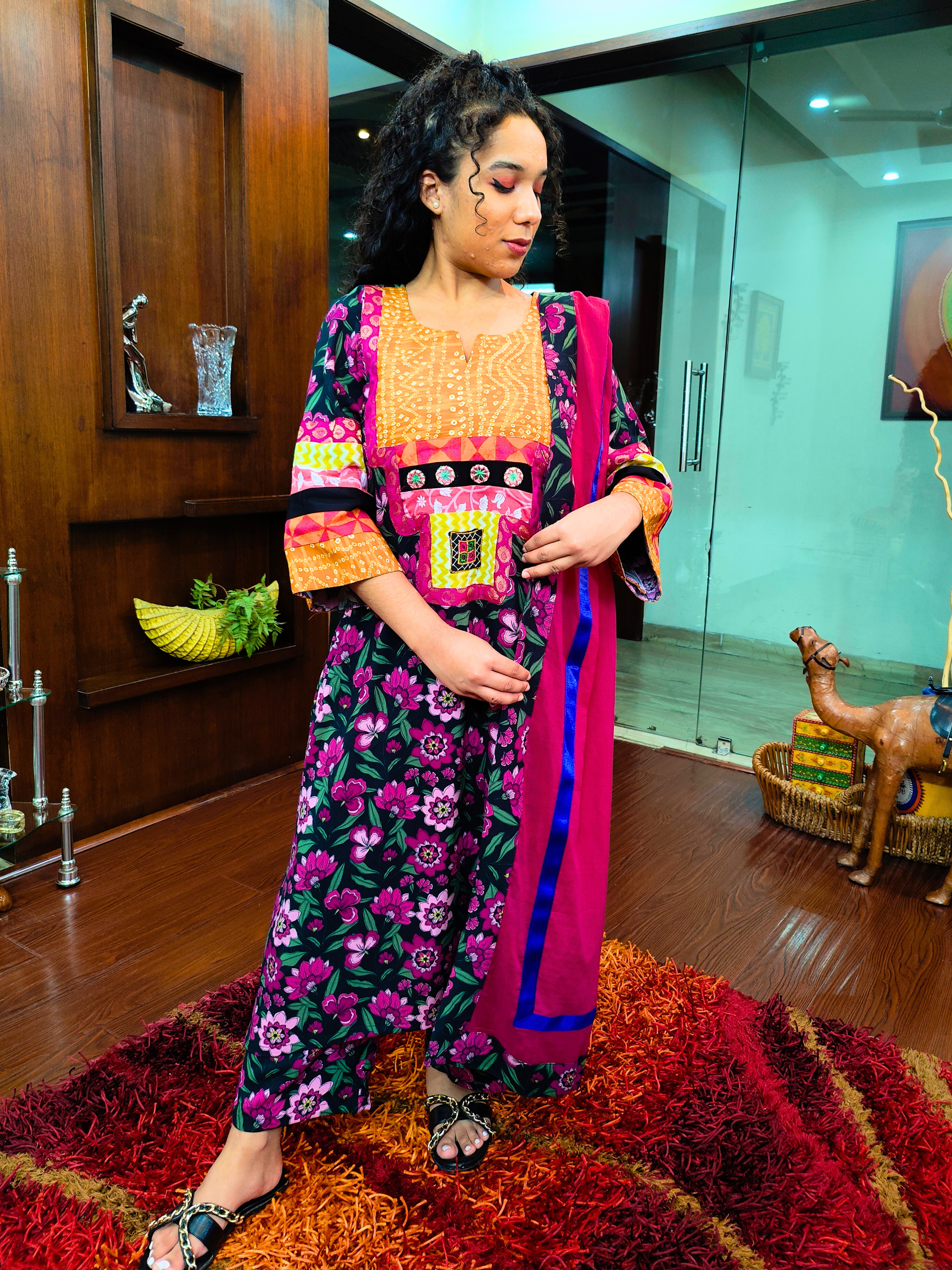 Black Floral Real Mirrors Cotton Stitched Suit Set