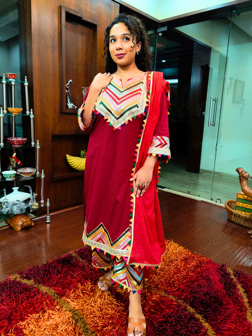 Maroon Multi Coloured Gota Cotton Stitched Suit Set