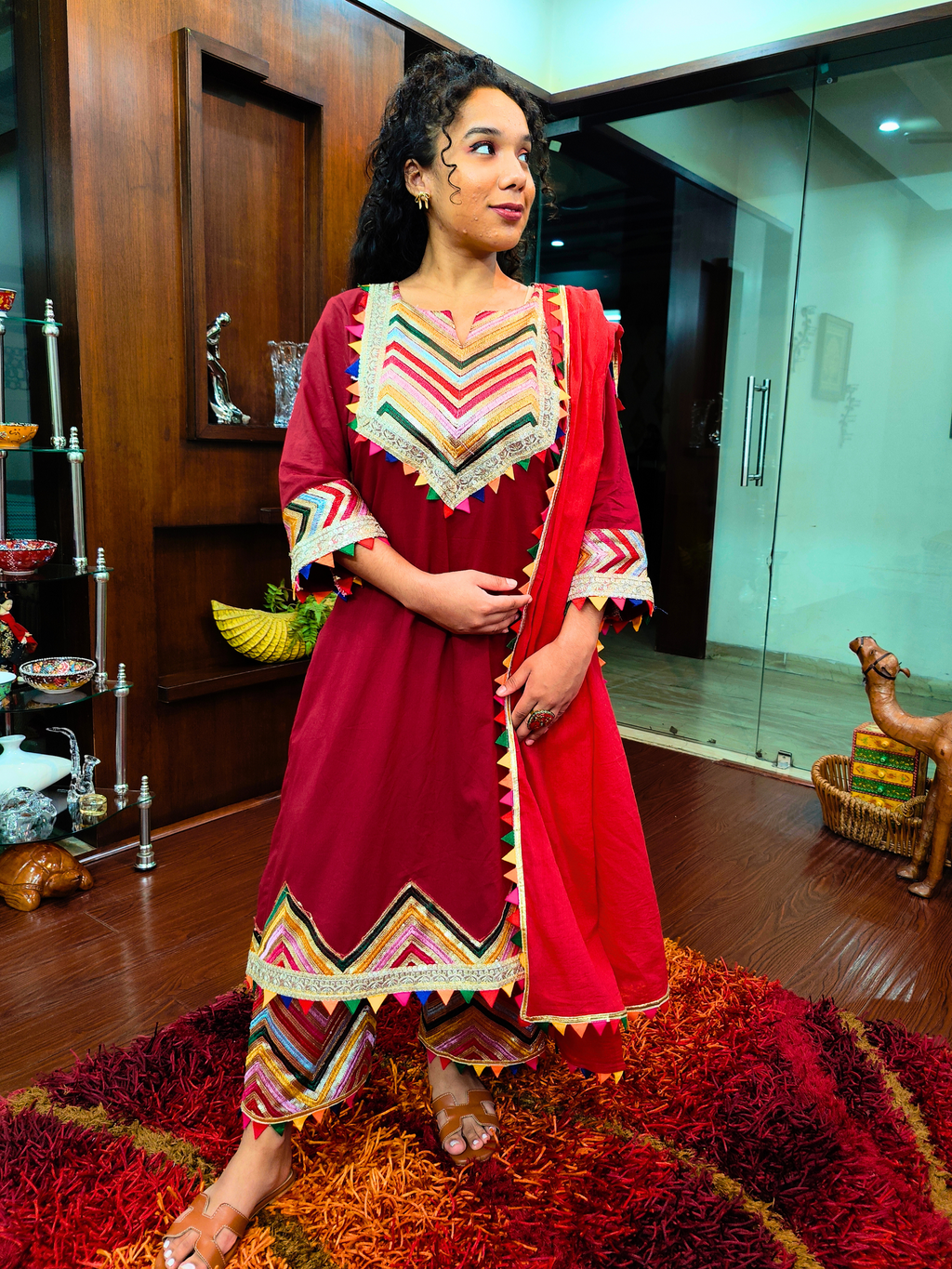 Maroon Multi Coloured Gota Cotton Stitched Suit Set