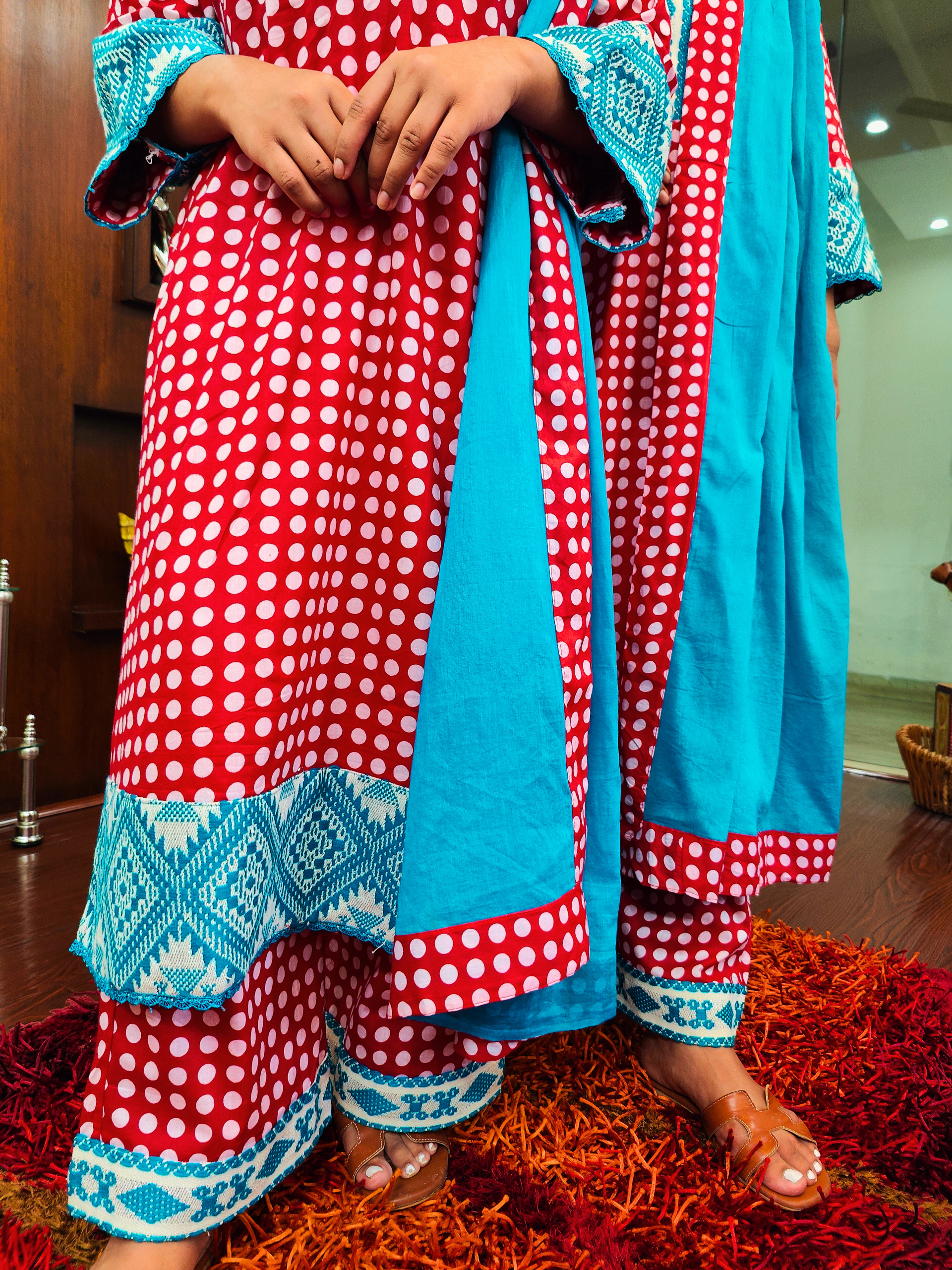 Red Polka Dot Embroidered Cotton Stitched Suit Set