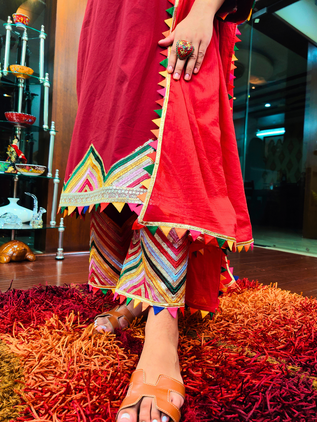 Maroon Multi Coloured Gota Cotton Stitched Suit Set