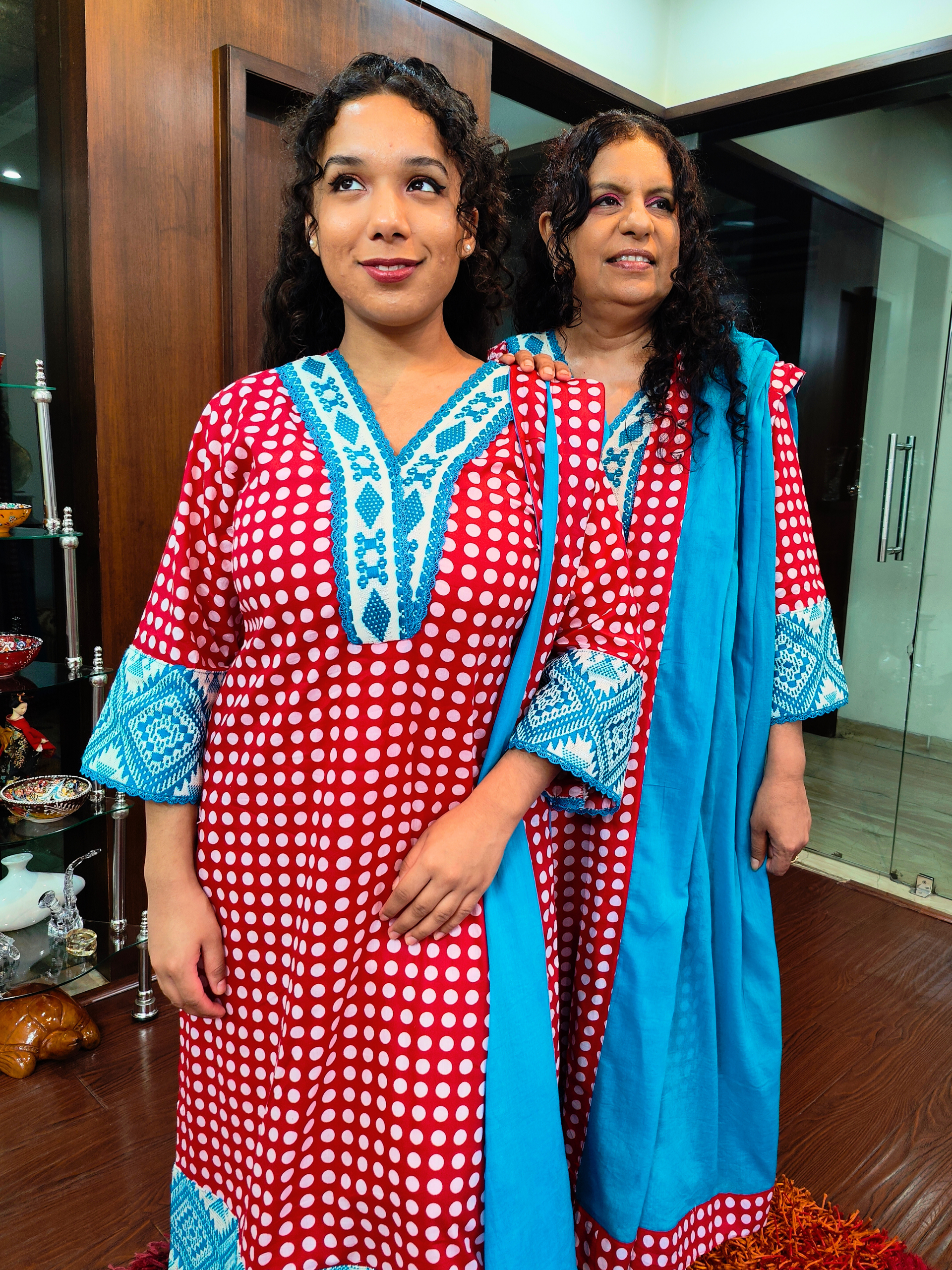 Red Polka Dot Embroidered Cotton Stitched Suit Set