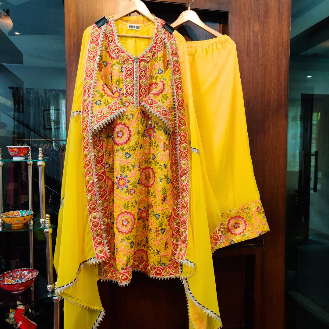 Yellow Floral Georgette Golden Gota Stitched Suit Set