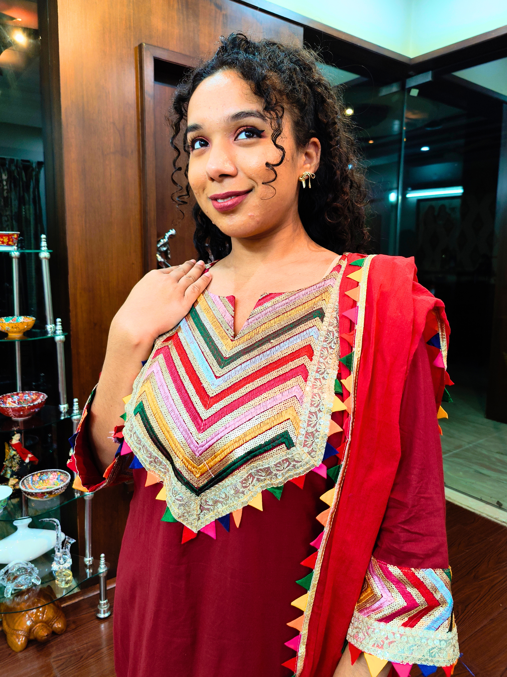 Maroon Multi Coloured Gota Cotton Stitched Suit Set