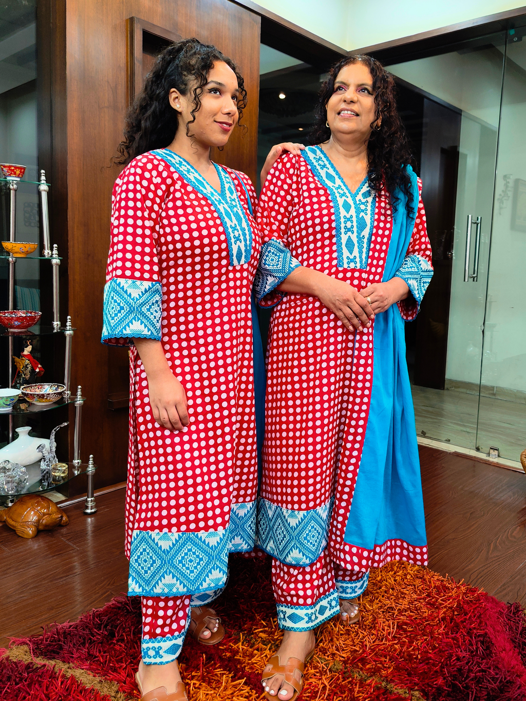 Red Polka Dot Embroidered Cotton Stitched Suit Set