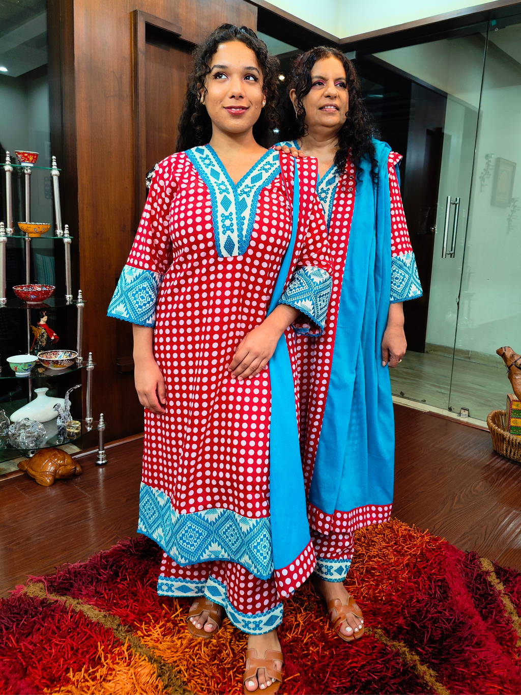 Red Polka Dot Embroidered Cotton Stitched Suit Set