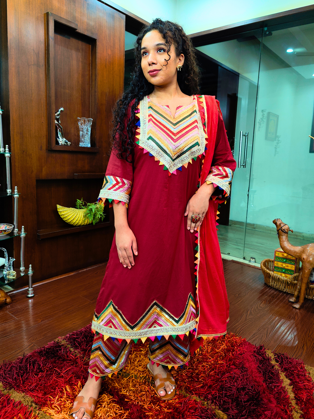 Maroon Multi Coloured Gota Cotton Stitched Suit Set