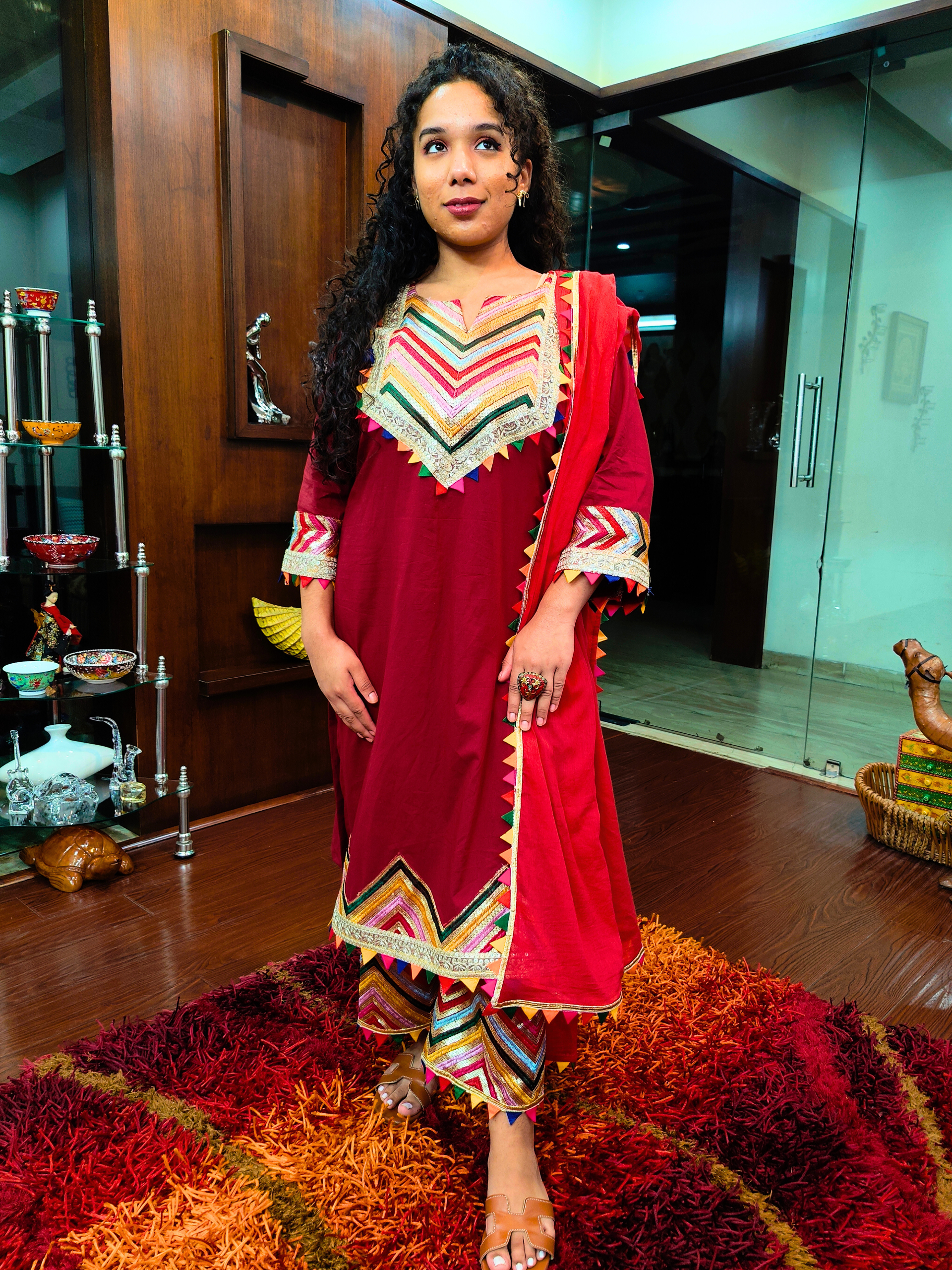 Maroon Multi Coloured Gota Cotton Stitched Suit Set