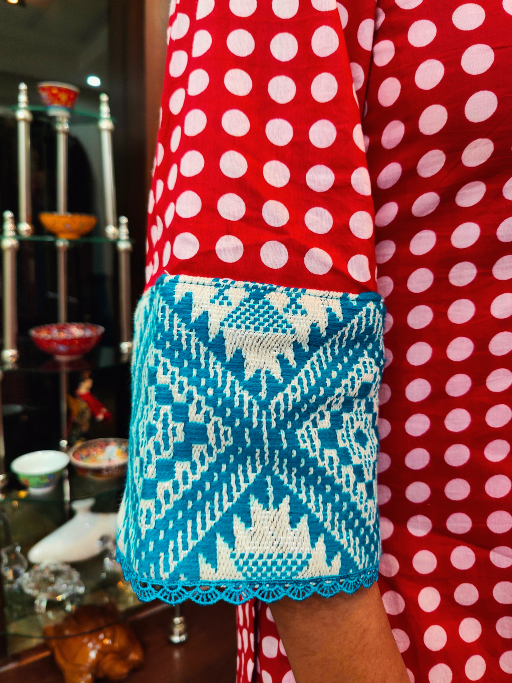 Red Polka Dot Embroidered Cotton Stitched Suit Set