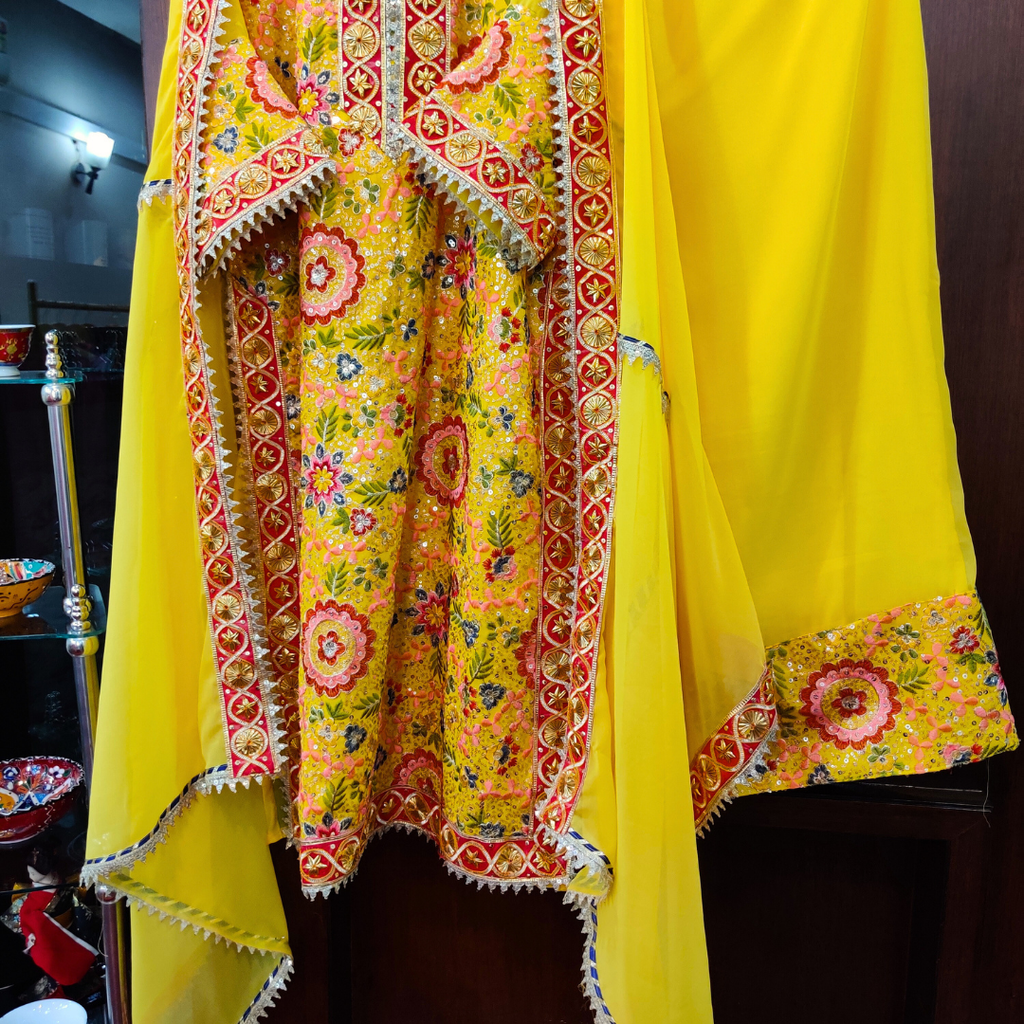 Yellow Floral Georgette Golden Gota Stitched Suit Set