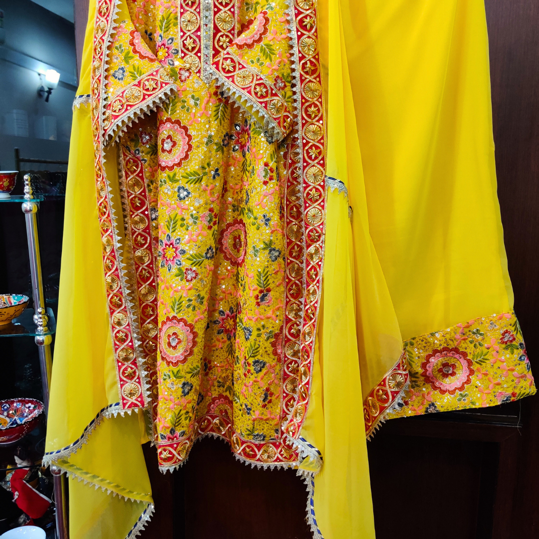 Yellow Floral Georgette Golden Gota Stitched Suit Set