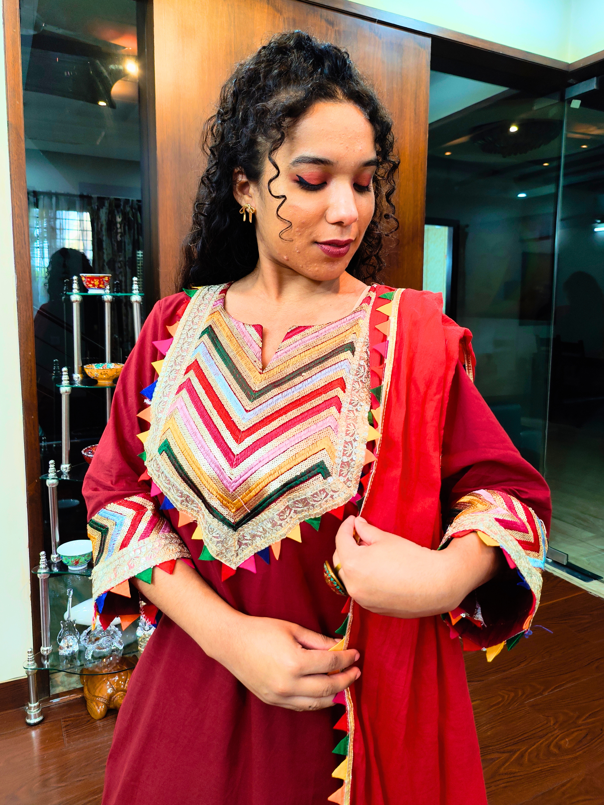 Maroon Multi Coloured Gota Cotton Stitched Suit Set