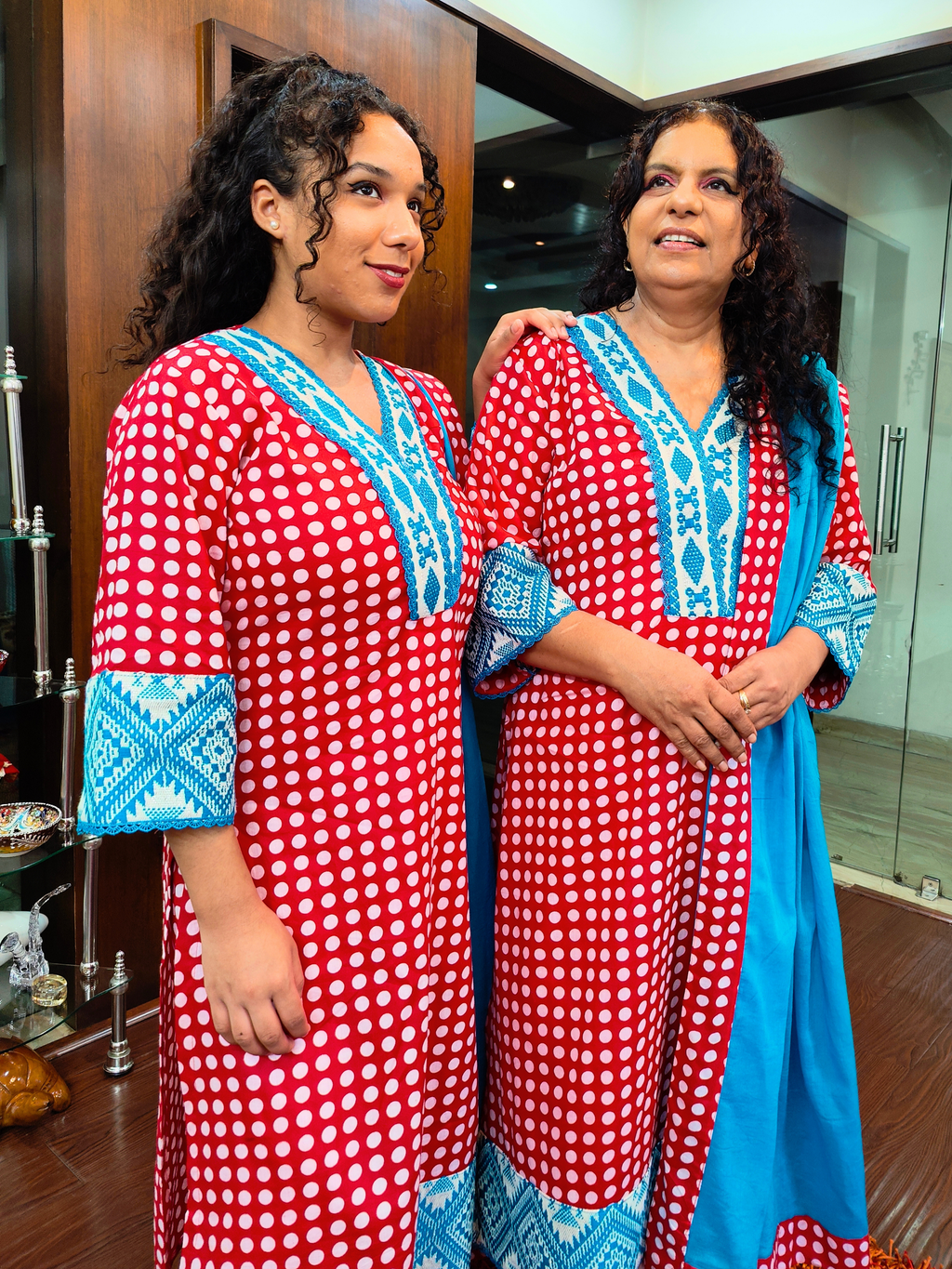 Red Polka Dot Embroidered Cotton Stitched Suit Set