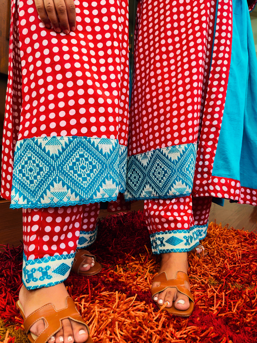 Red Polka Dot Embroidered Cotton Stitched Suit Set