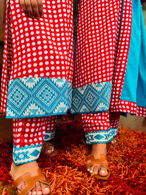 LRed Polka Dot Embroidered Cotton Stitched Suit Set