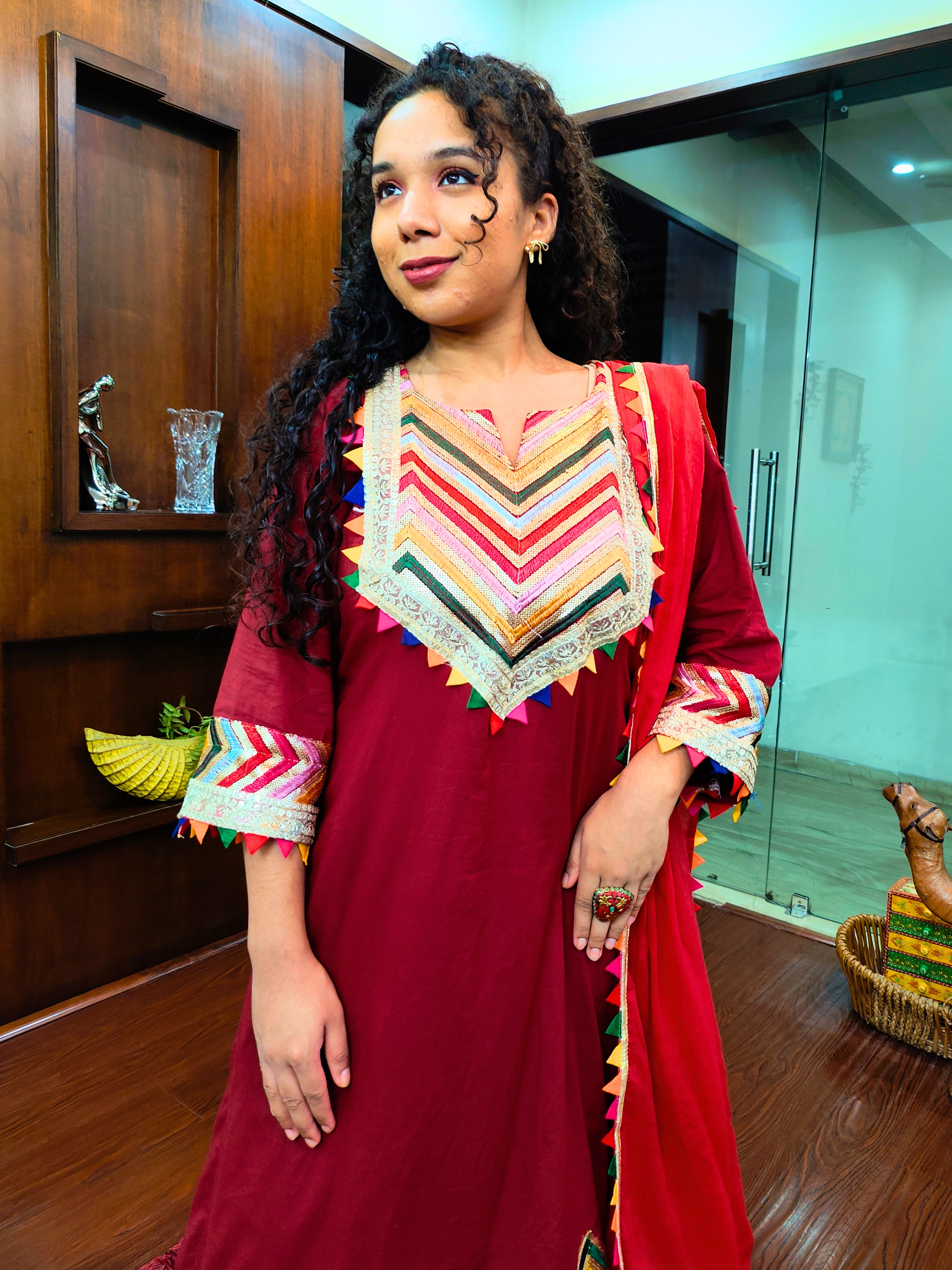 Maroon Multi Coloured Gota Cotton Stitched Suit Set